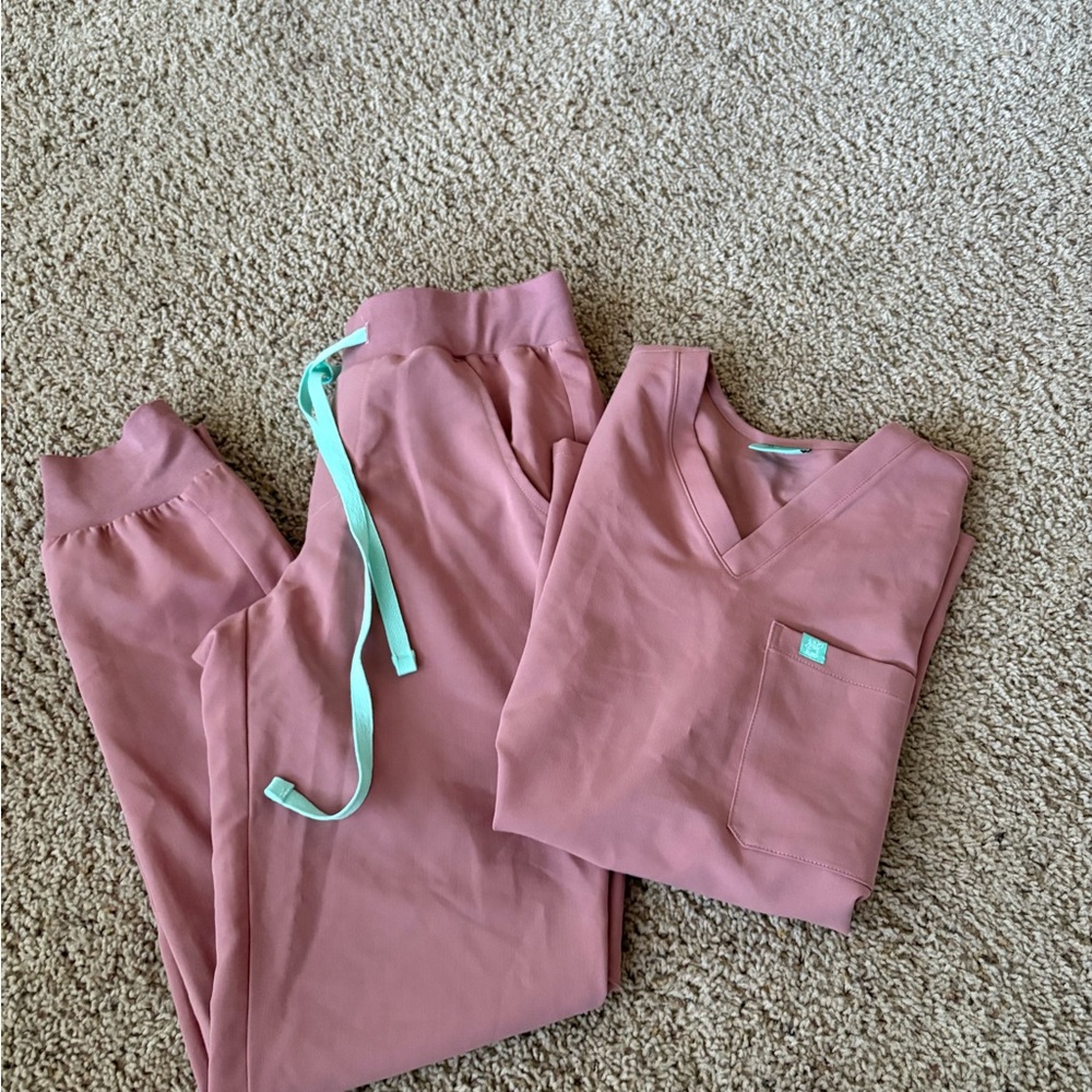 Pink Scrub Set with Teal Accents